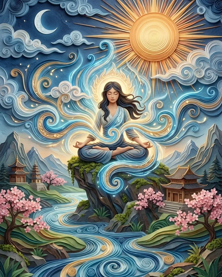 Femme méditant sur un rocher sous un grand soleil et un croissant de lune, rivière, pagodes et cerisiers en pa Femme méditant sur un rocher sous un grand soleil et un croissant de lune, rivière, pagodes et cerisiers en papier découpé