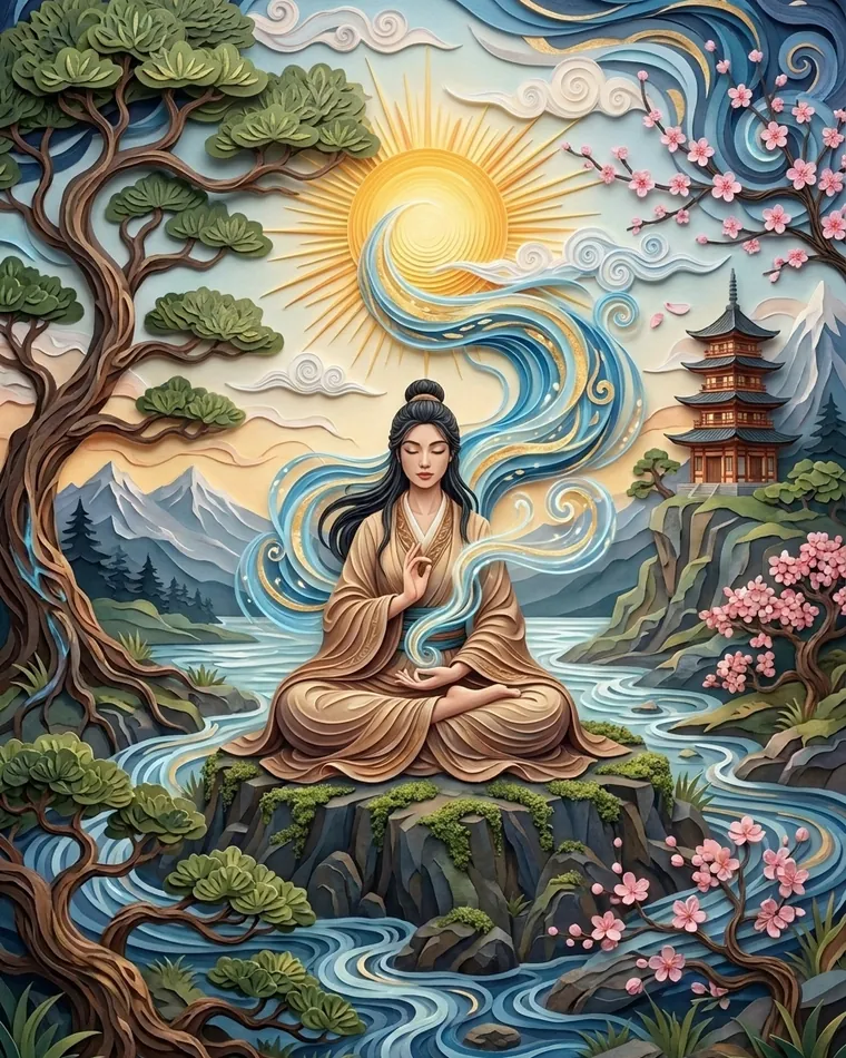 Woman in an ochre robe meditating on a mossy rock in a river, with pine trees, a pagoda and a sun in quilled paper