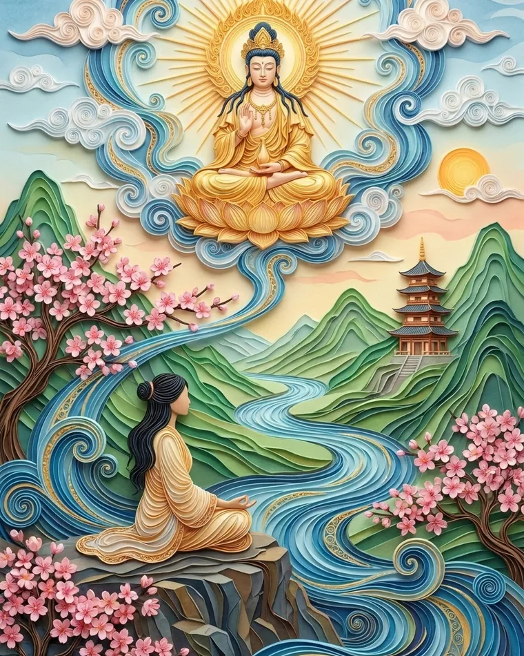Woman by a river gazing up at a golden deity on a lotus, with cherry blossoms and a pagoda in quilled paper Woman by a river gazing up at a golden deity on a lotus, with cherry blossoms and a pagoda in quilled paper