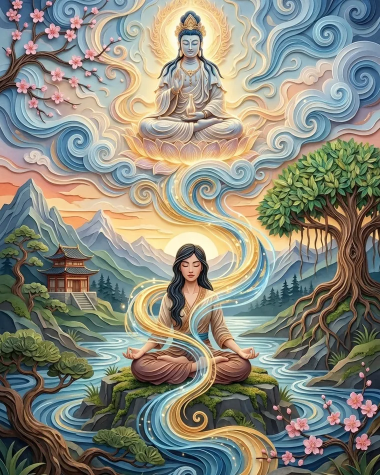 Femme méditant sur un rocher, ruban de lumière s’élevant vers une divinité sur un lotus, rivière, arbre et temple en papier