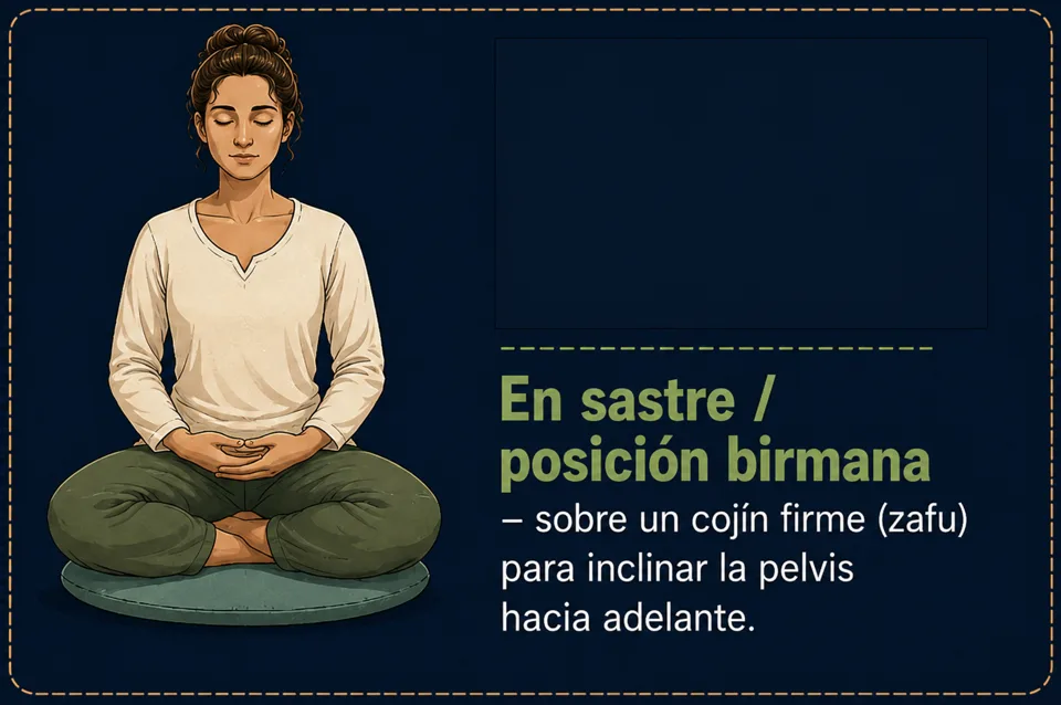 De rodillas (seiza) — con un banco de meditación o un cojín entre los talones. De rodillas (seiza) — con un banco de meditación o un cojín entre los talones.