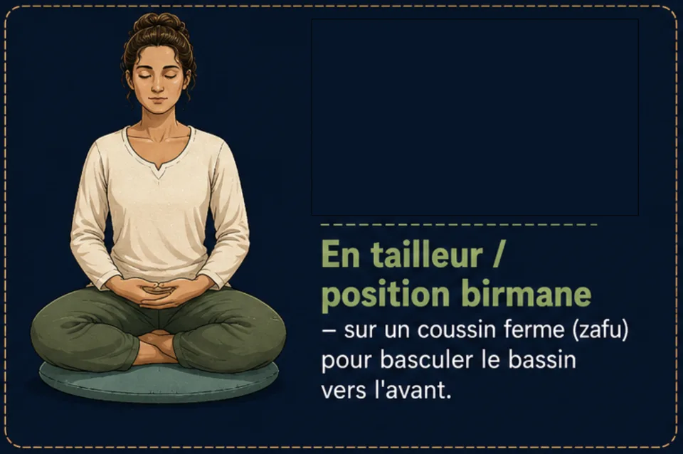 À genoux (seiza) — avec un banc de méditation ou un coussin entre les talons. À genoux (seiza) — avec un banc de méditation ou un coussin entre les talons.