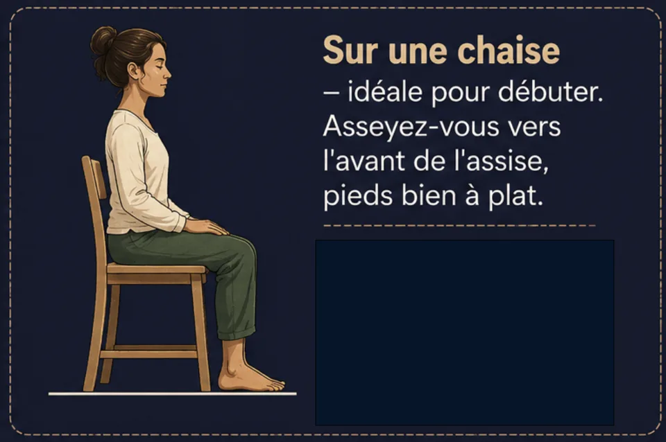 En tailleur / position birmane — sur un coussin ferme (zafu) pour basculer le bassin vers l'avant. En tailleur / position birmane — sur un coussin ferme (zafu) pour basculer le bassin vers l'avant.