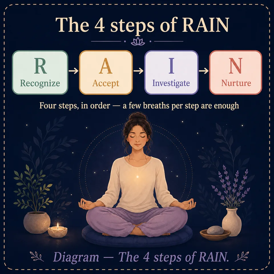 The 4 steps of RAIN, one of the main meditation techniques.