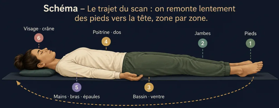 Schéma du trajet du scan corporel : on remonte lentement des pieds vers la tête, zone par zone