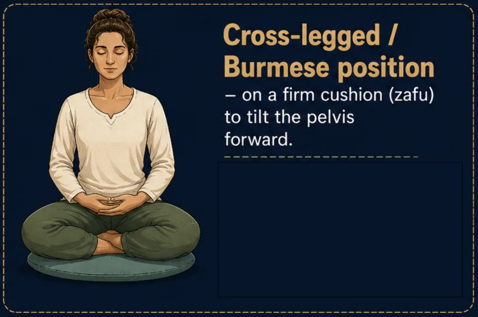 Kneeling (seiza) — with a meditation bench or a cushion between the heels. Kneeling (seiza) — with a meditation bench or a cushion between the heels.