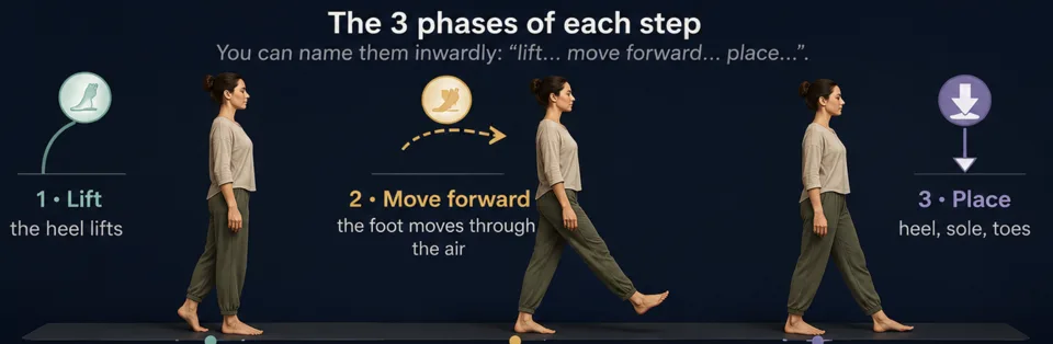 Diagram — The 3 phases of each step. You can name them inwardly: &ldquo;lift… move… place…&rdquo;