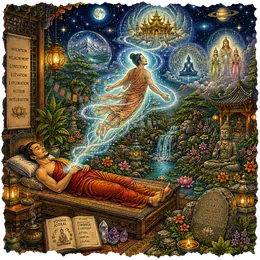 A man lying down as his luminous double rises toward a starry sky: astral projection