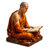 A seated monk reading an old book