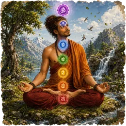 A man meditates cross-legged with the seven coloured chakras aligned along his body, by a waterfall