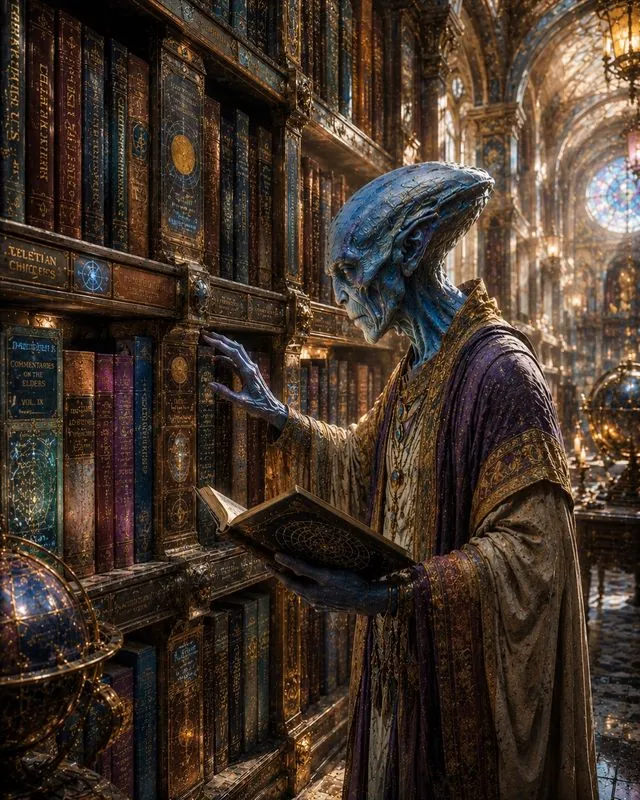 The Celestial Library — immersive meditation A blue-skinned sage reads a book in a vast golden library