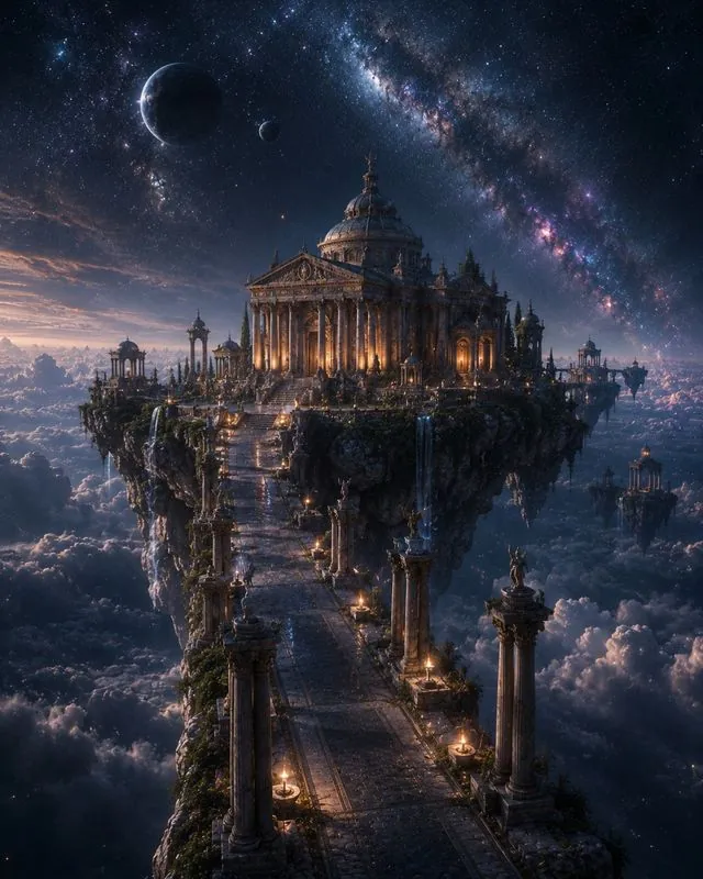 An illuminated temple on an island of clouds, among stars and planets