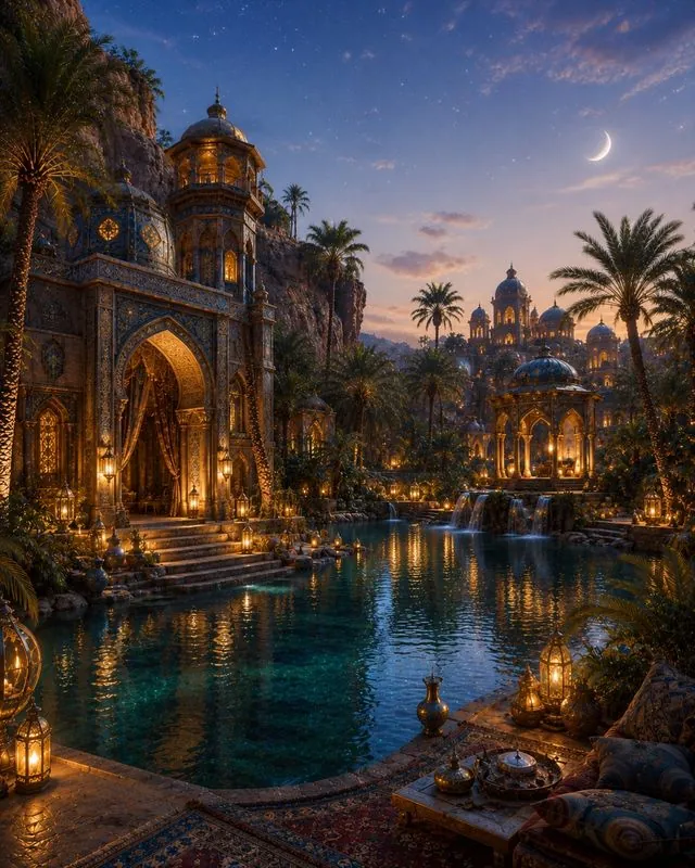 The Desert Oasis — immersive meditation An oasis palace and its palm-lined pool, lit by lanterns at dusk