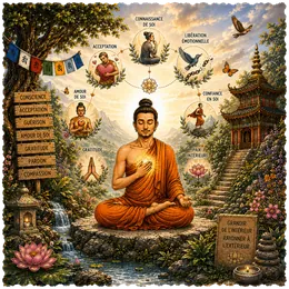 A meditator with a glowing heart, surrounded by lanterns and words such as acceptance and emotional release