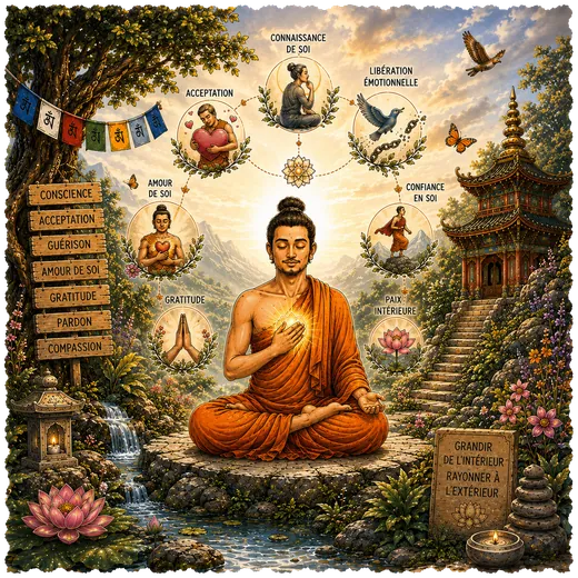 A meditator with a glowing heart, surrounded by lanterns and words such as acceptance and emotional release