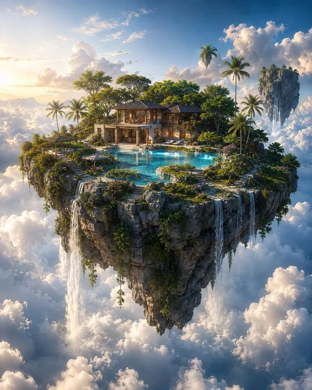 The Floating Island — immersive meditation A floating island in the clouds with a house, palm trees and waterfalls