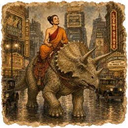 A monk rides a triceratops down an old city street: an imaginary journey through time