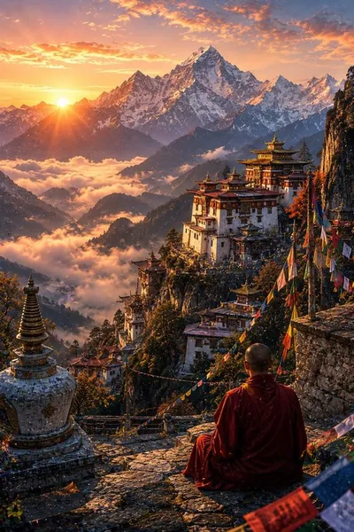 A monk watches the sunrise from a monastery perched in the Himalayas