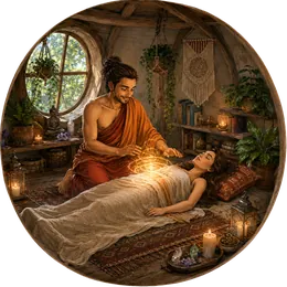A guide holds his hands above a woman lying down, in a warm candle-lit room