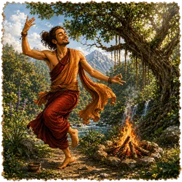 A man dances around a campfire deep in the forest, in a shamanic trance