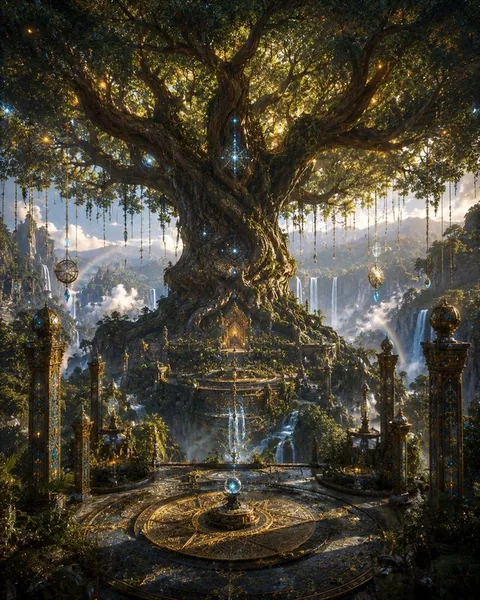 A giant tree with glowing roots at the centre of a sacred stone circle