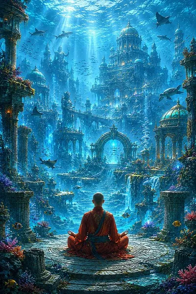 A meditator sits before the sunken palaces of Atlantis in blue underwater light