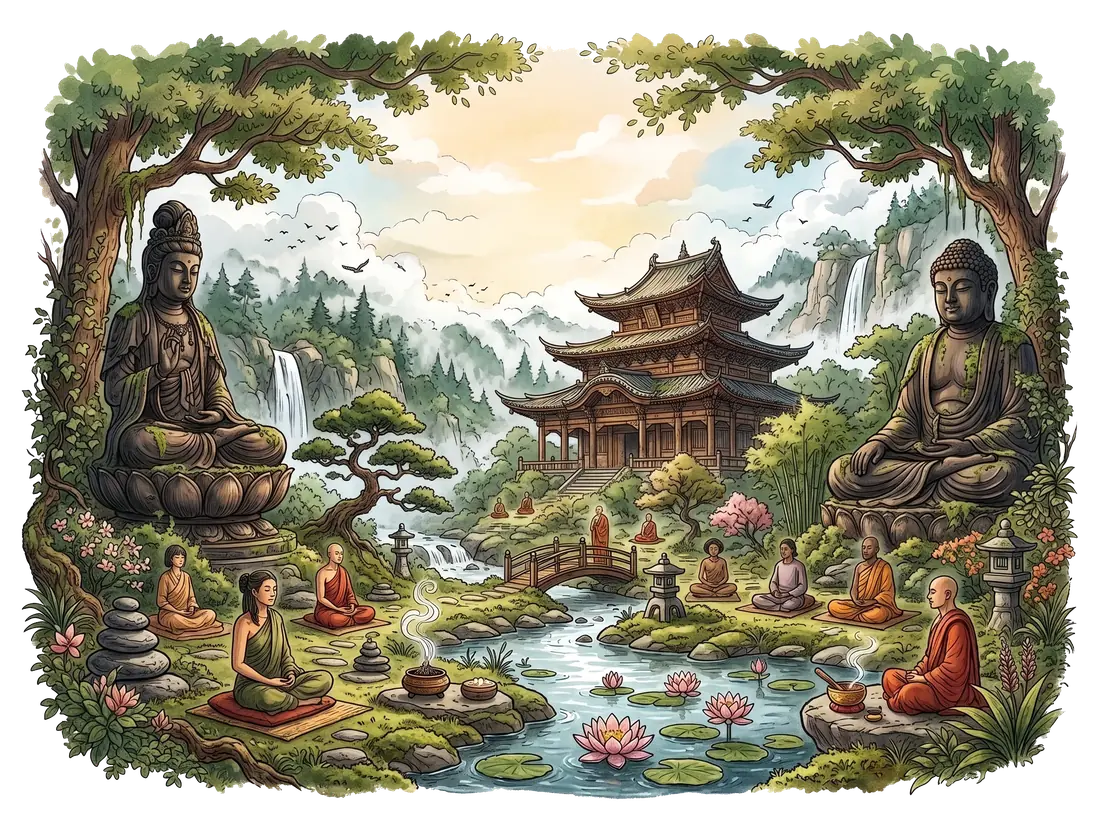 Jardín de meditación en acuarela: personas meditan junto a un río de lotos, entre una estatua de Guanyin, un gran Buda sentado y un templo con pagoda