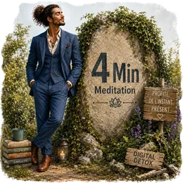 Un hombre de traje se apoya en una piedra grabada «4 Min Meditation» en un jardín