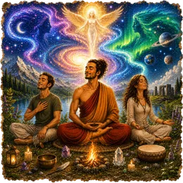 Tres personas meditan bajo un cielo de galaxias y auroras boreales, con cuencos tibetanos y velas