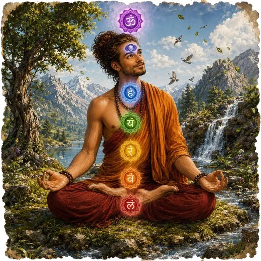 Un hombre medita con las piernas cruzadas y los siete chakras de colores alineados en su cuerpo, junto a una cascada