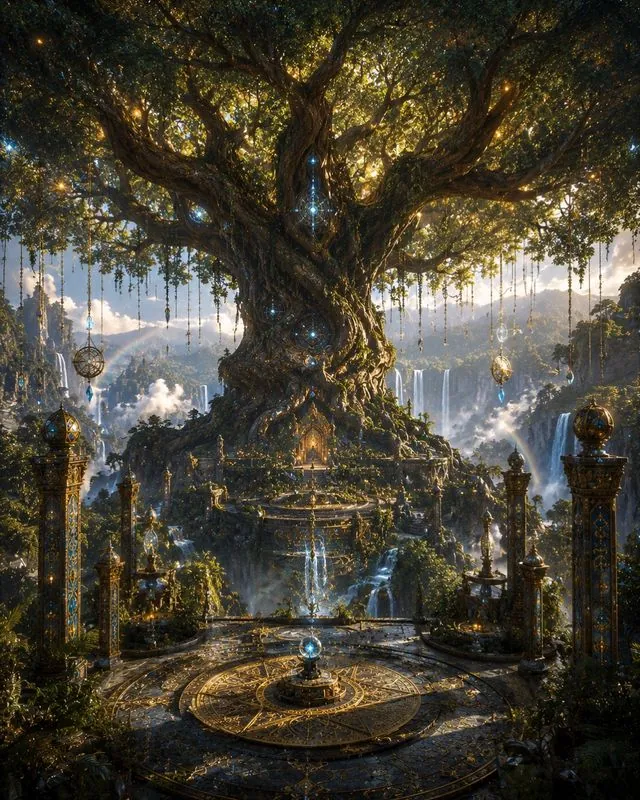 El Árbol de la Conciencia — meditación inmersiva Un árbol gigantesco de raíces luminosas en el centro de un círculo de piedras sagradas