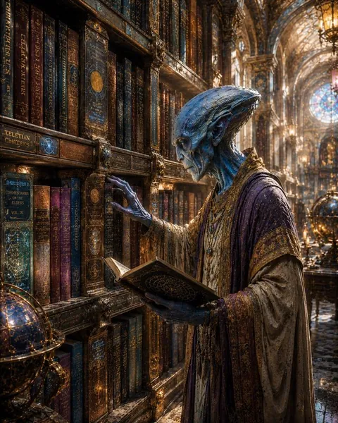 Un sabio de piel azul consulta un libro en una inmensa biblioteca dorada