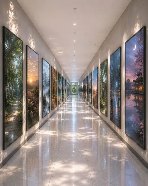 Un largo pasillo blanco bordeado de espejos que reflejan paisajes distintos