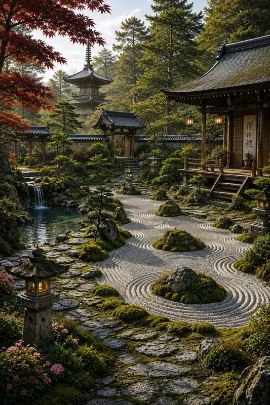 El Jardín Zen — meditación inmersiva Un jardín zen japonés de arena rastrillada y musgo, entre pagodas y arces