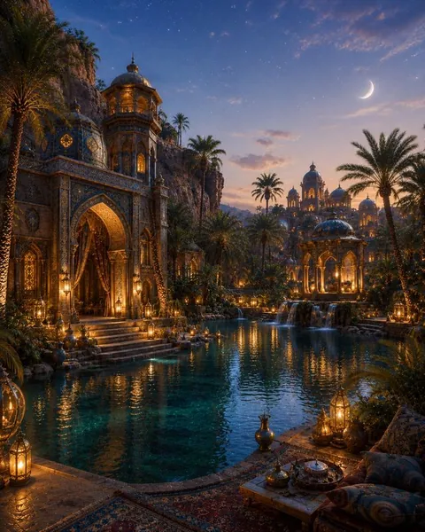 Un palacio de oasis y su estanque rodeado de palmeras, iluminados con faroles al anochecer
