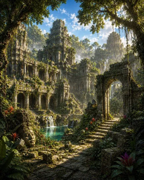 Ruinas de un templo cubiertas por la selva, con una escalera de piedra y una cascada