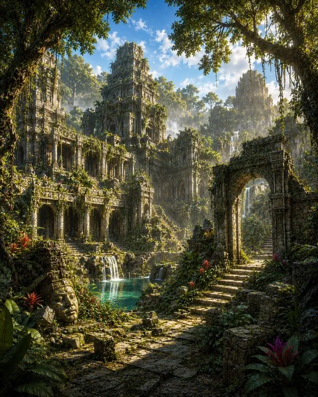 Las Ruinas Olvidadas — meditación inmersiva Ruinas de un templo cubiertas por la selva, con una escalera de piedra y una cascada