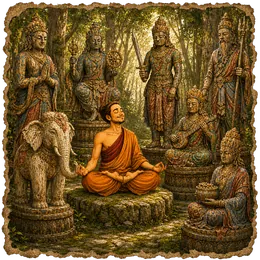 Un monje medita en un bosque entre estatuas de piedra de bodhisattvas y un elefante