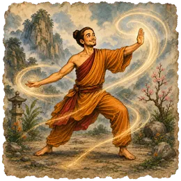 Un practicante de qigong en movimiento, envuelto en espirales de energía dorada, ante las montañas