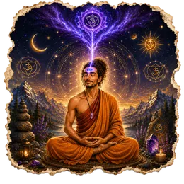 Una luz violeta se eleva desde el tercer ojo de una persona que medita, bajo la luna y el sol
