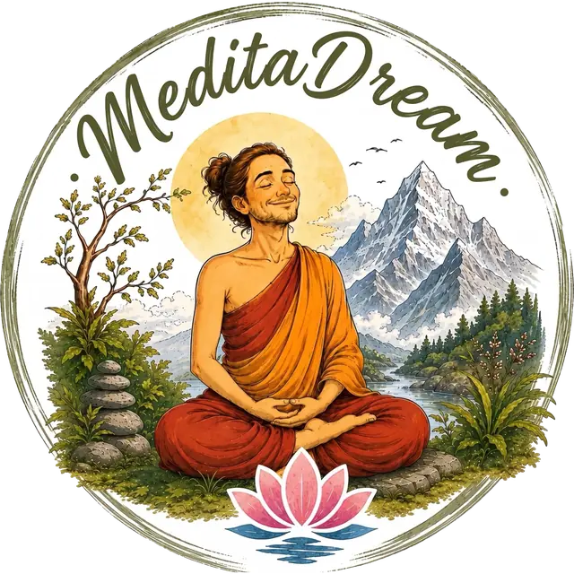 MeditaDream — application de méditation guidée gratuite Logo MeditaDream : un jeune homme médite au lever du soleil devant les montagnes, une fleur de lotus à ses pieds