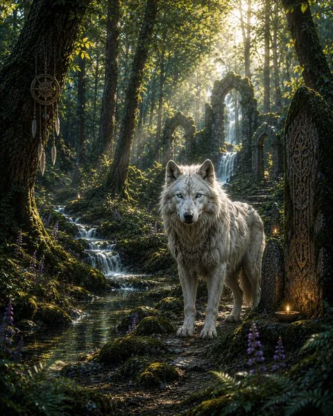 La Forêt des Esprits Loups — méditation immersive Un loup blanc dans une forêt ancienne traversée de rayons de lumière