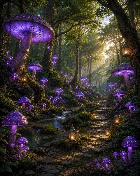 La Forêt des Rêves — méditation immersive Une forêt enchantée de champignons violets lumineux le long d'un sentier
