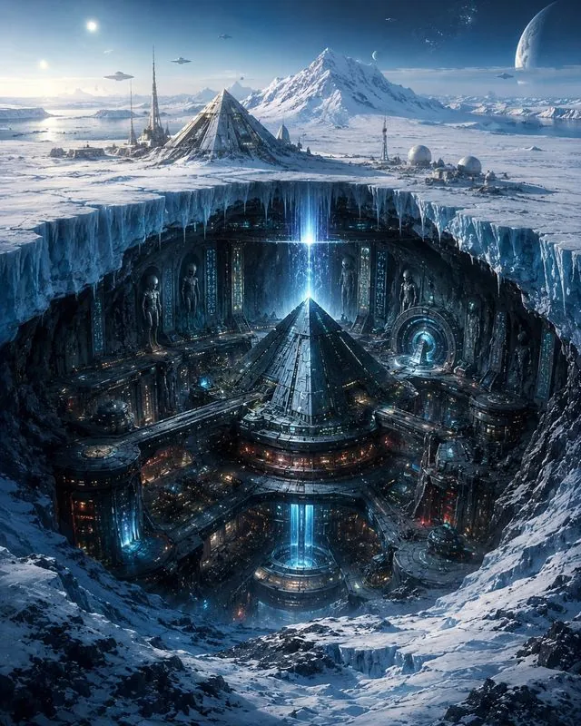 Le Sanctuaire Gelé — méditation immersive Une base de cristal bleu nichée sous la glace de l'Antarctique, sous un ciel de planètes