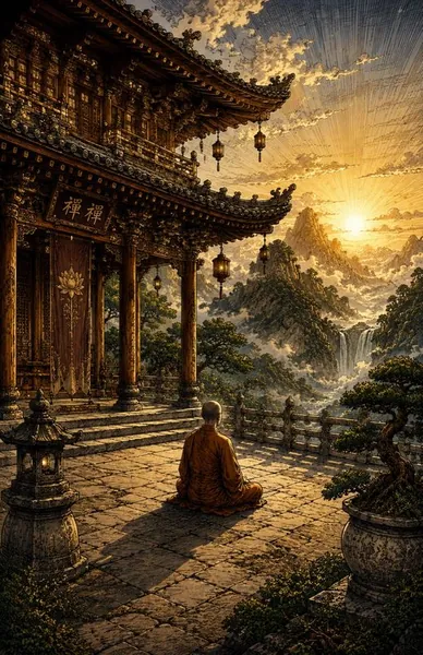 Le Temple Ancien — méditation immersive Un moine médite sur la terrasse d'un temple ancien en bois, face au soleil couchant