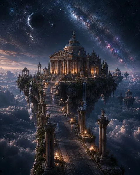 Le Temple Cosmique — méditation immersive Un temple illuminé posé sur une île de nuages, au milieu des étoiles et des planètes