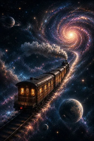 Voyage à Travers la Galaxie — méditation immersive Un train à vapeur file dans l'espace le long d'une galaxie spirale