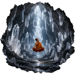 Lieux Sacrés — méditations guidées Un méditant assis au cœur d'une immense grotte de cristaux de glace