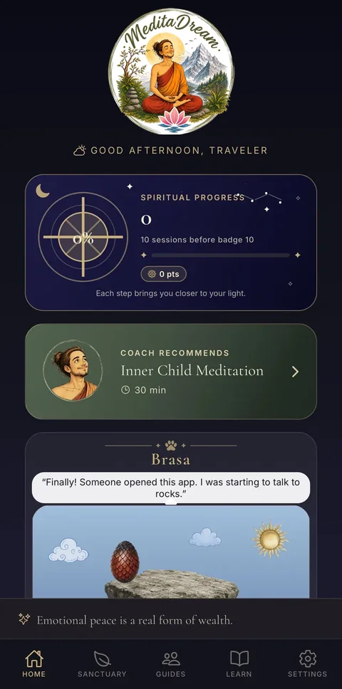 Home screen: spiritual progress, a meditation picked for you and your dragon companion