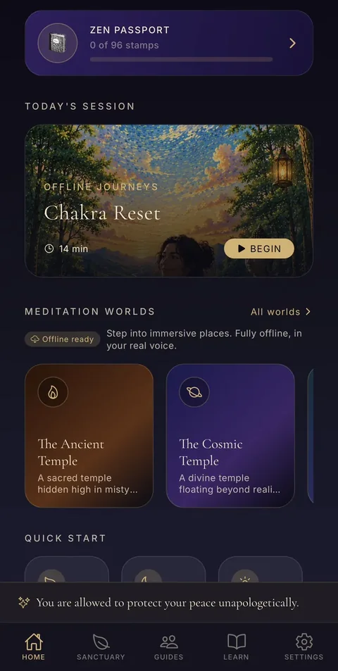 Zen Passport, today's session and downloadable meditation worlds for offline practice